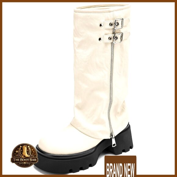 Shoes - Knee High Boots Chunky Platform Moto Riding Slouchy Fold Over Wide Calf